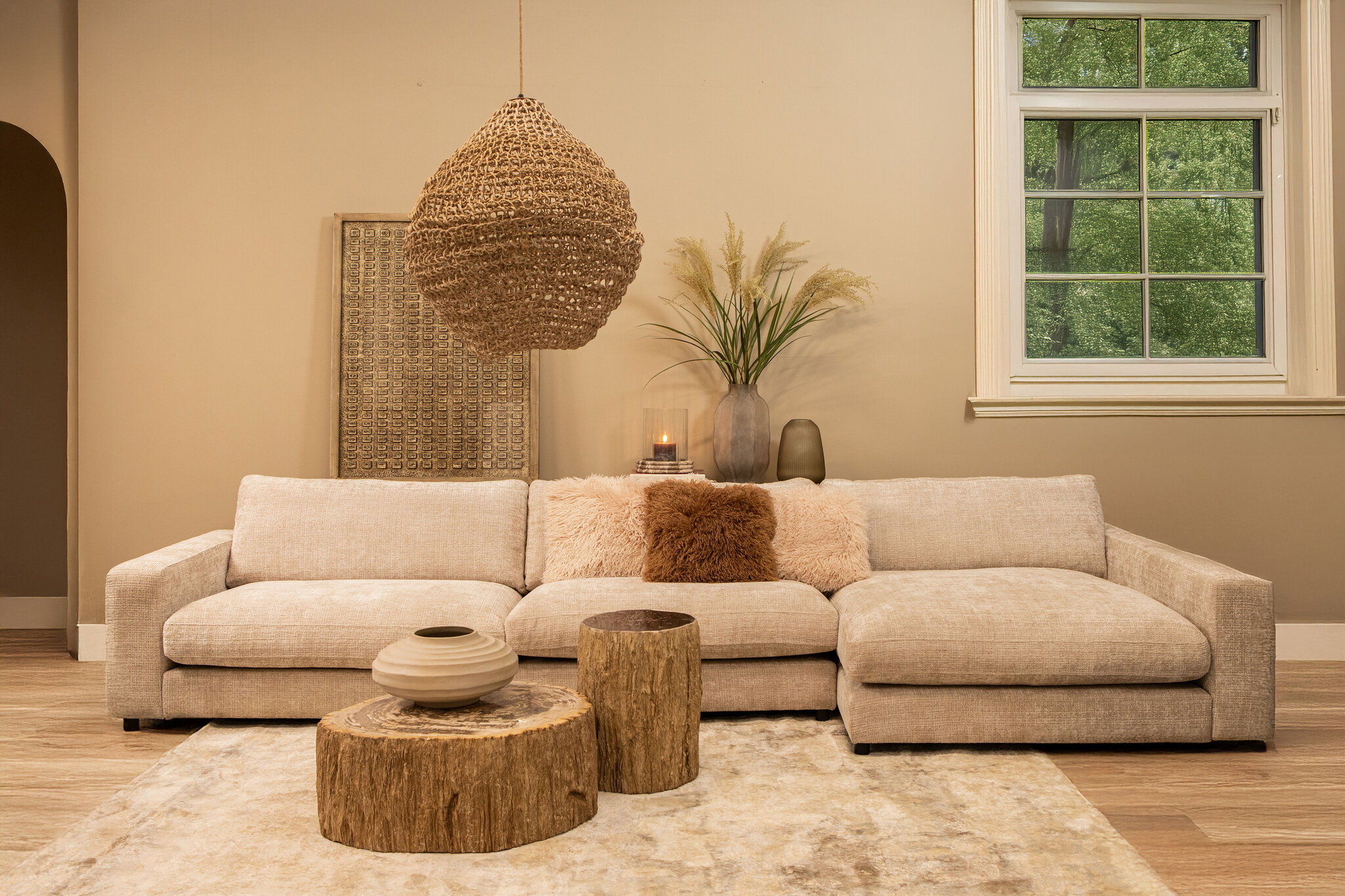PTMD Natae hoge ronde glazen vaas met ribbels, beige - Afbeelding 3