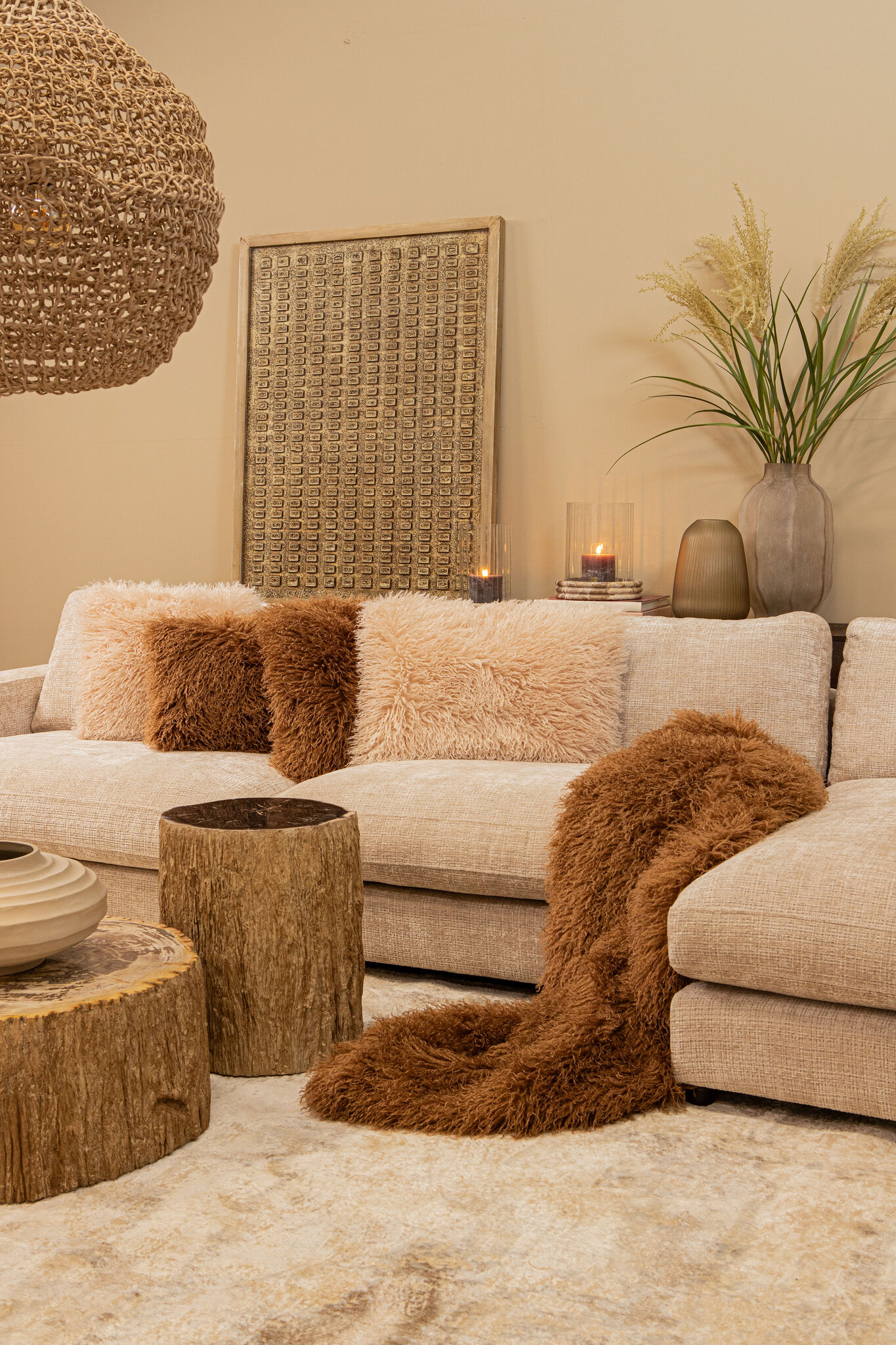 PTMD Natae hoge ronde glazen vaas met ribbels, beige - Afbeelding 4