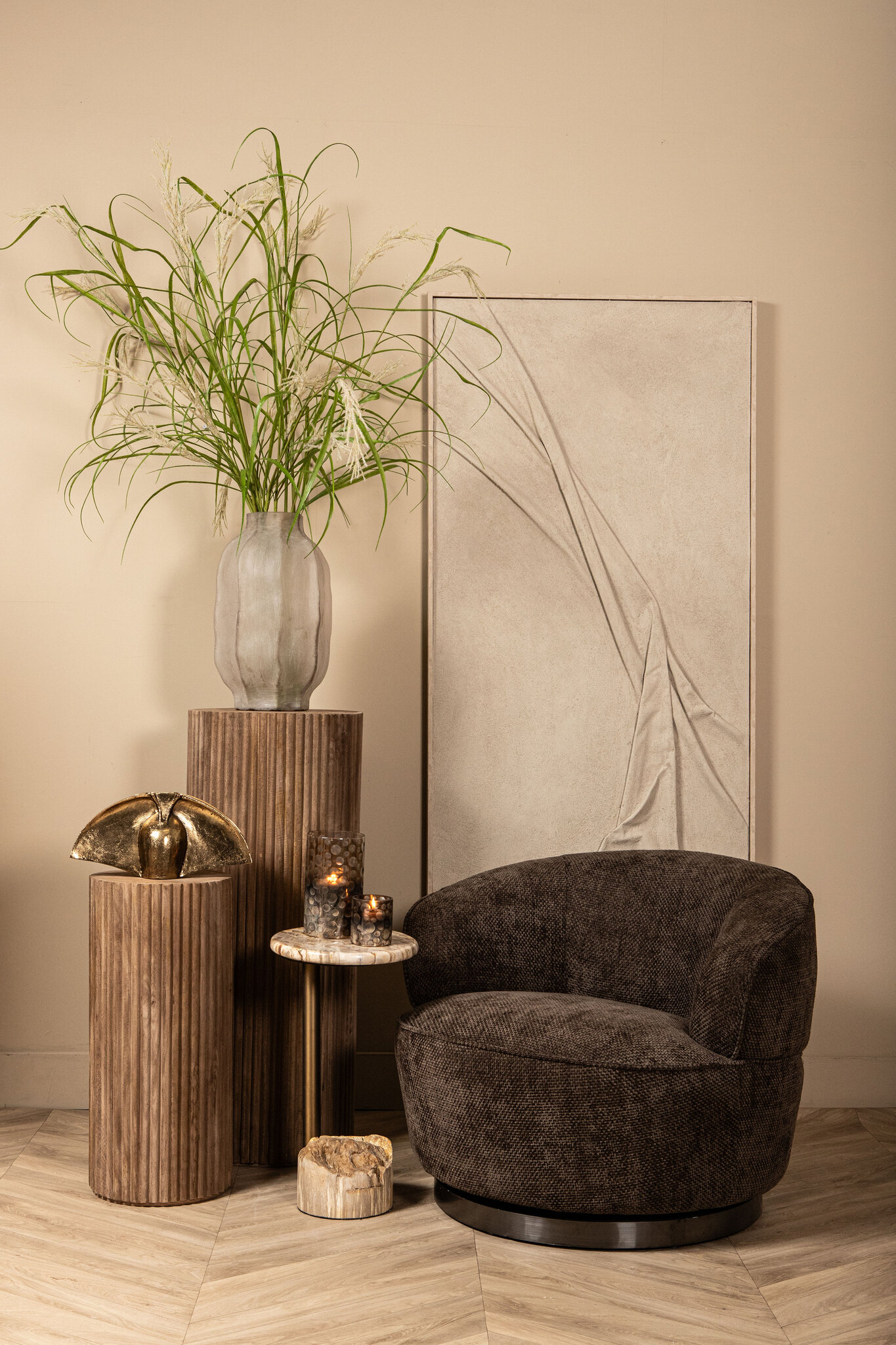 PTMD Natae hoge ronde glazen vaas met ribbels, beige - Afbeelding 5