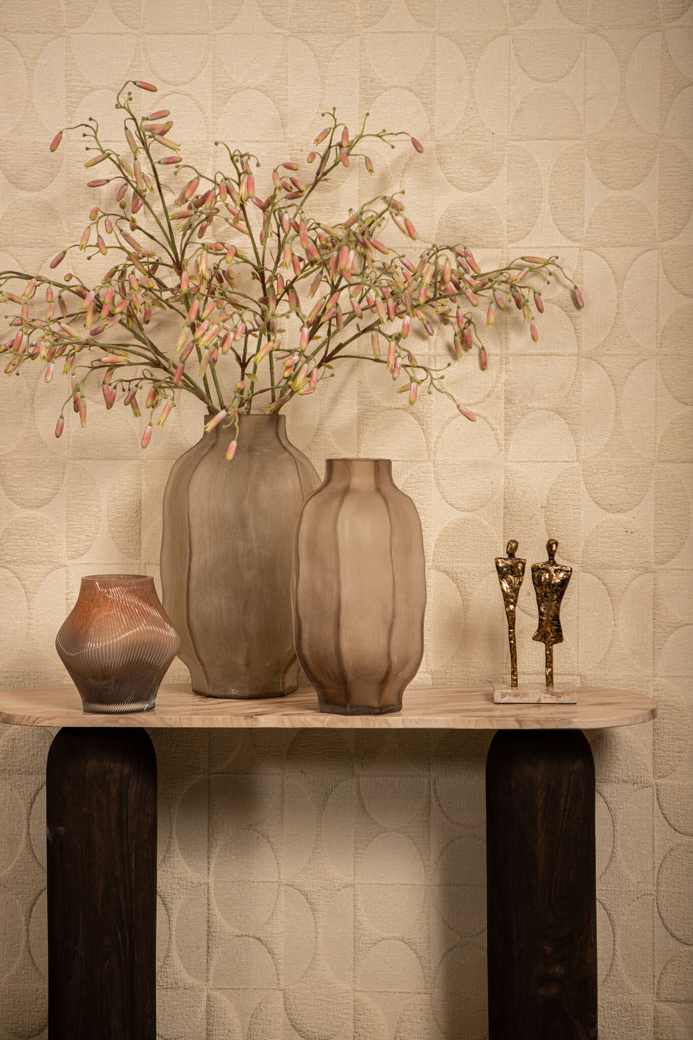 PTMD Natae hoge ronde glazen vaas met ribbels, beige - Afbeelding 7