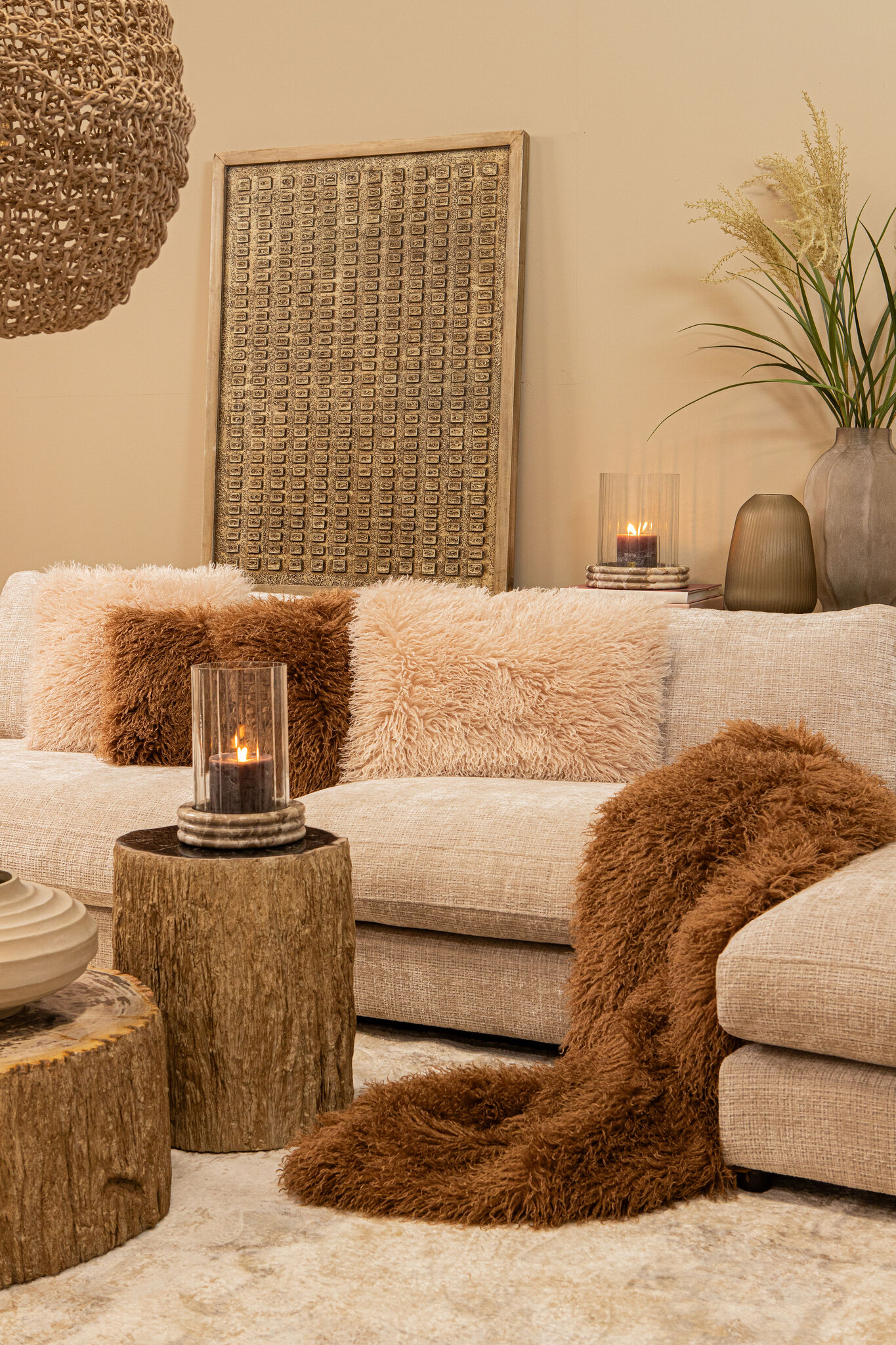 PTMD Natae hoge ronde glazen vaas met ribbels, beige - Afbeelding 8